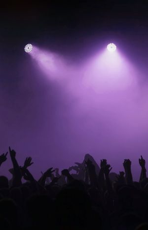 Subscribe banner. Crowd silhouette with purple spotlights.