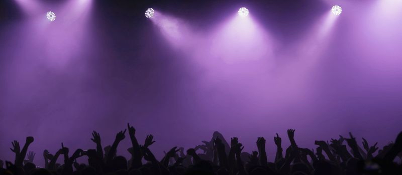 Subscribe banner. Crowd silhouette with purple spotlights.