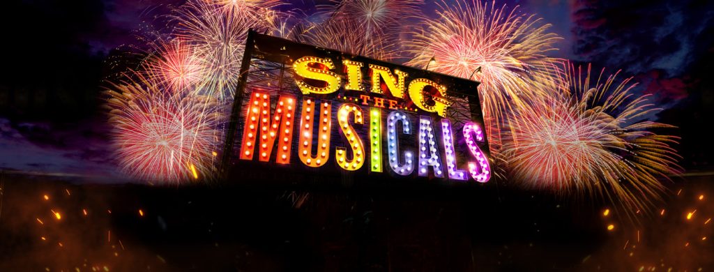 Broadway sign with the text "Sing the Musicals" in lights, surrounded by fireworks.